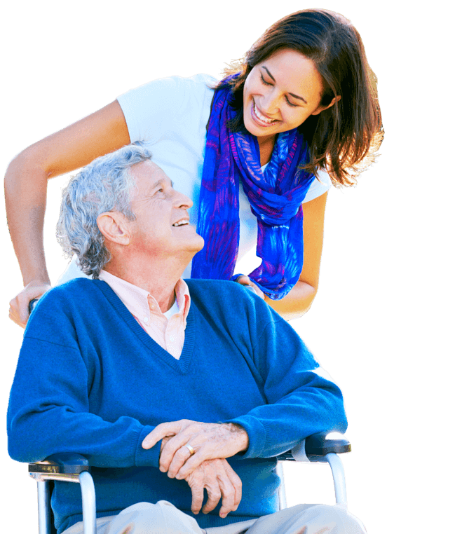 senior woman and caregiver smiling